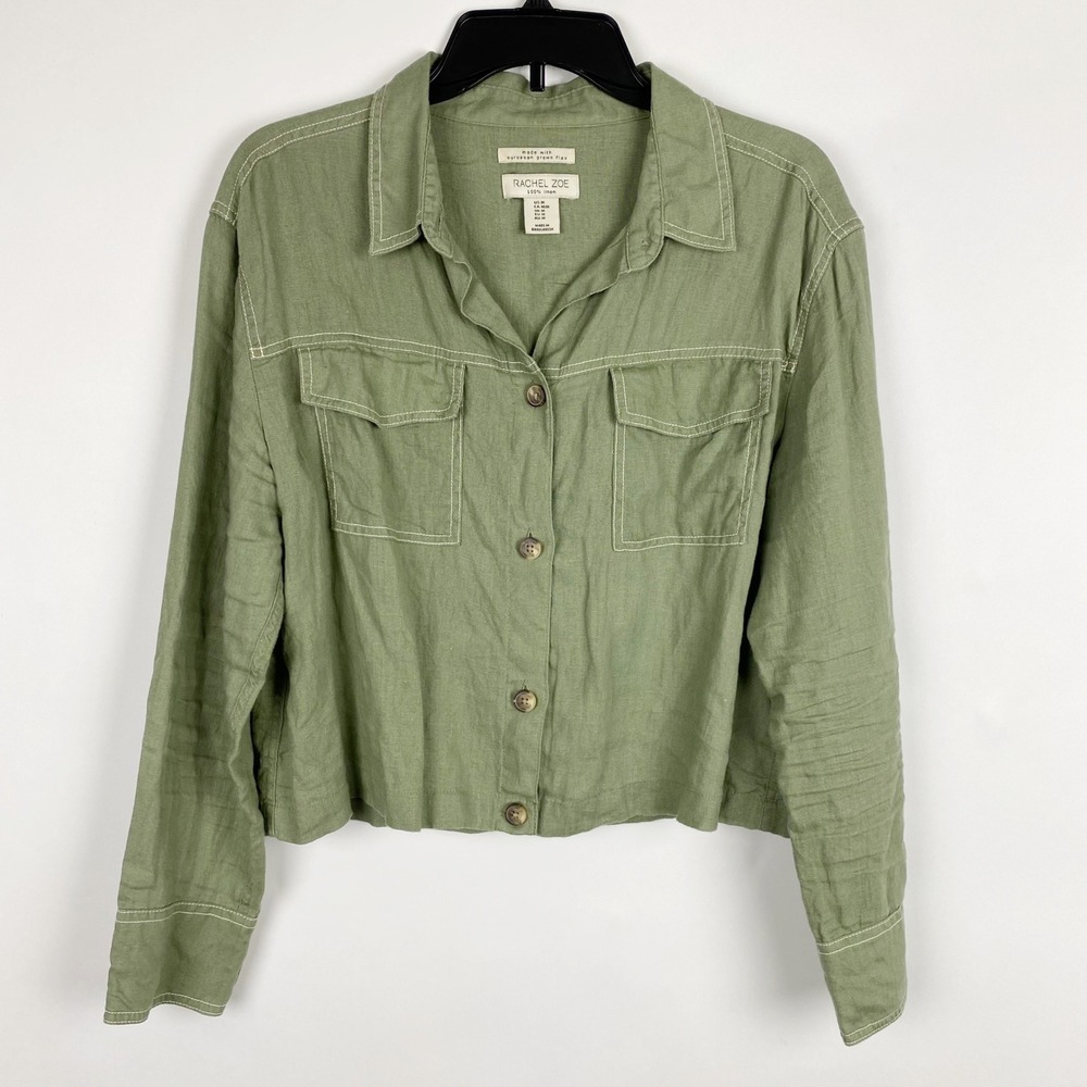 Rachel Zoe Linen Utility Cropped Button Front Jacket Women M Sage Green